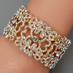 18K Gold Plated Clear Crystal Rhinestone Wedding Bangle Cuff Stretch Bracelet 37