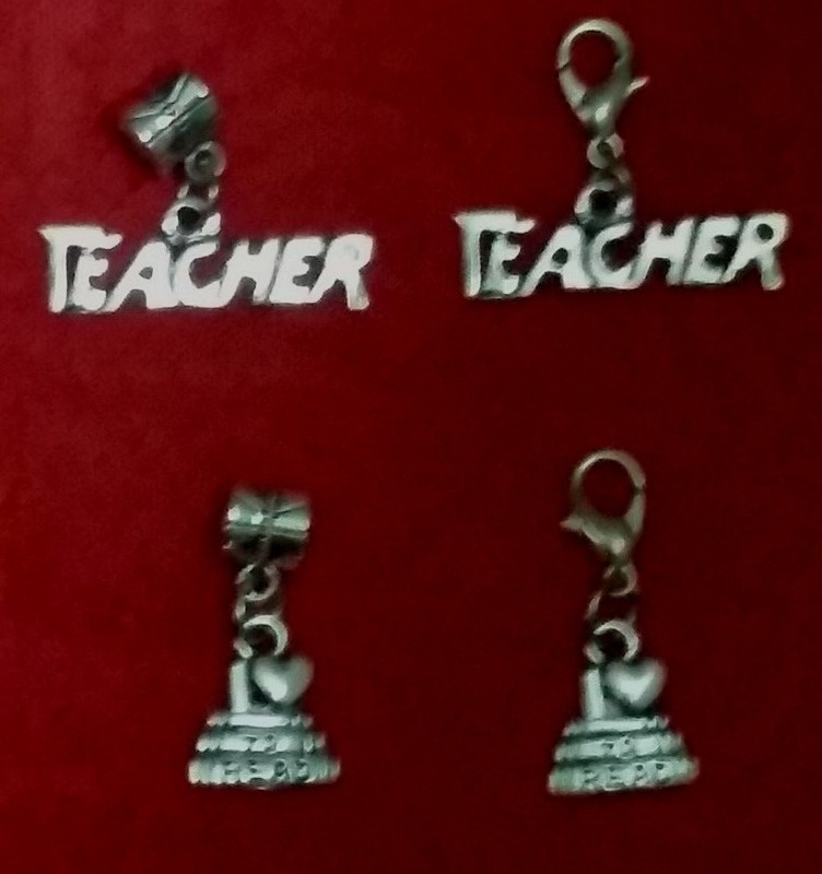 ANTIQUE SILVER TEACHER CHARM - APPLE - LIBRARY - BOOKS - W/BAIL OR LOBSTER CLASP gallery