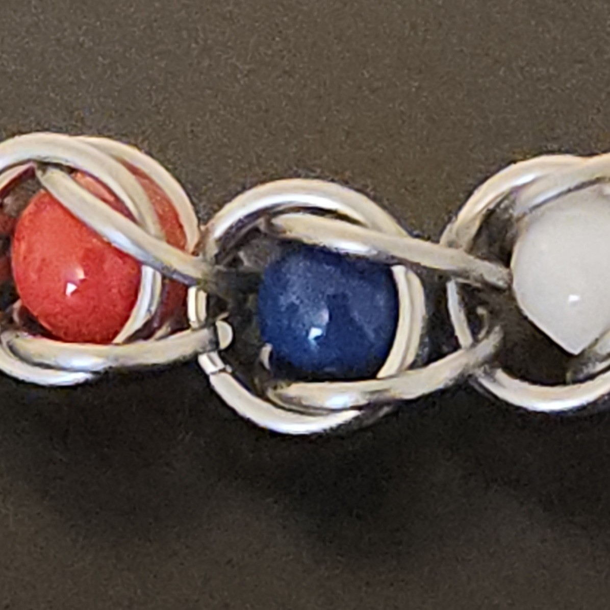 DAR-Inspired Stainless Steel Chainmail Bracelet - Red White Blue Beads 8" gallery