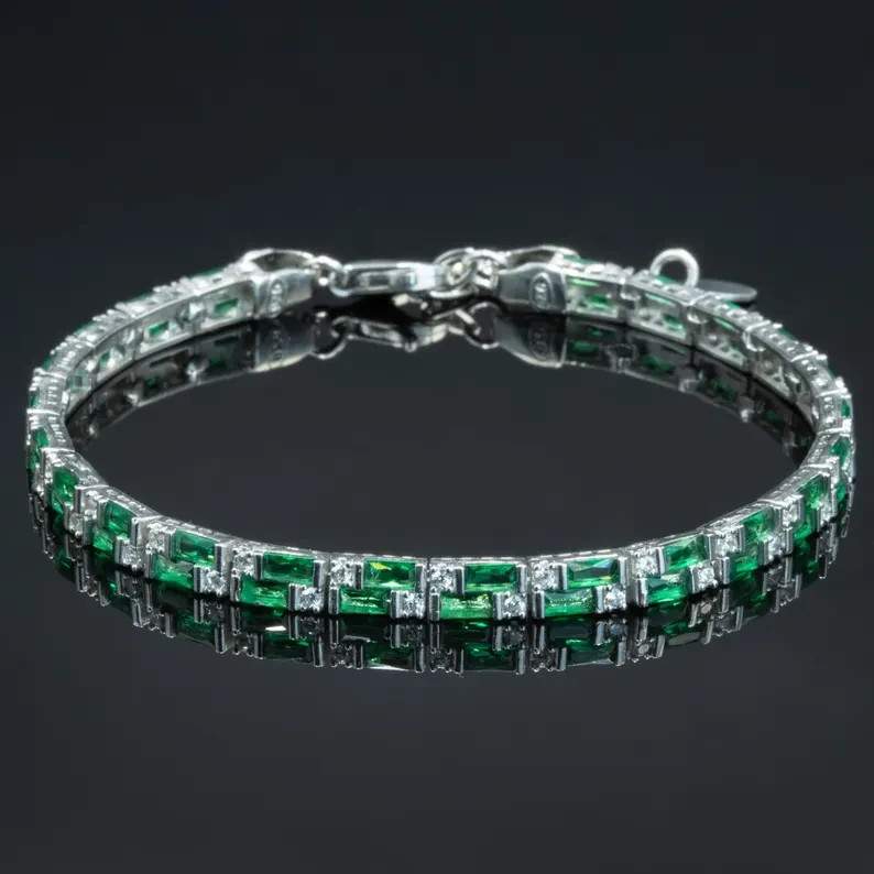 8.70 CT Baguette Simulated Emerald Elegant Tennis Bracelet 14k White Gold Plated gallery