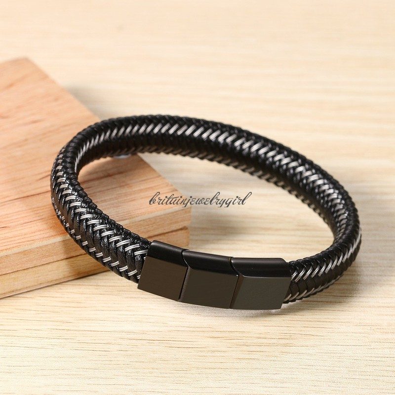 8"-8.5" Black Leather Braided Wrap Bracelet Magnetic-Clasp Men Bangle Adjustable gallery