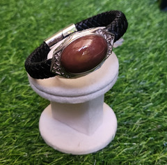 Natural Agate Bracelet 925 Tested Silver Top Yellow Brown Stone Braided Leather