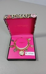 Ed Hardy Womans Tattoo Design Charm Bracelet with Round Watch Gold Tone NIB New