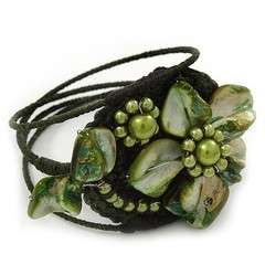 Romantic Shell Bead Flower Wired Flex Bracelet in Olive/ Green – Adjustable