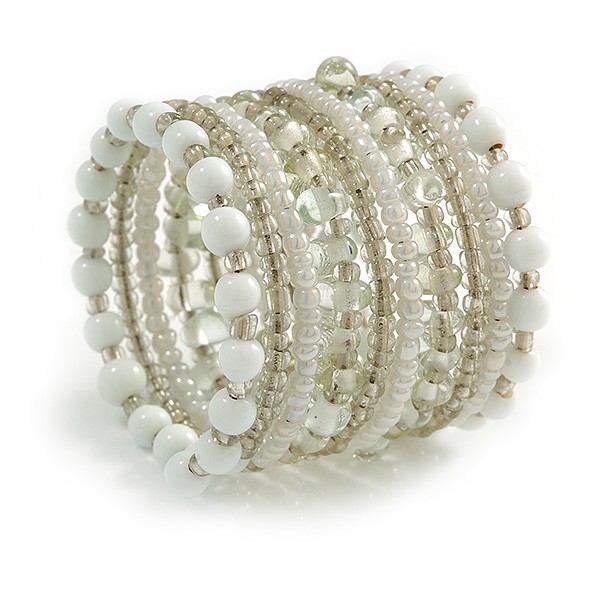 Wide Multistrand Ceramic/ Glass Bead Flex Bracelet/ White/ Clear/ Adjustable gallery