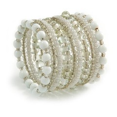 Wide Multistrand Ceramic/ Glass Bead Flex Bracelet/ White/ Clear/ Adjustable