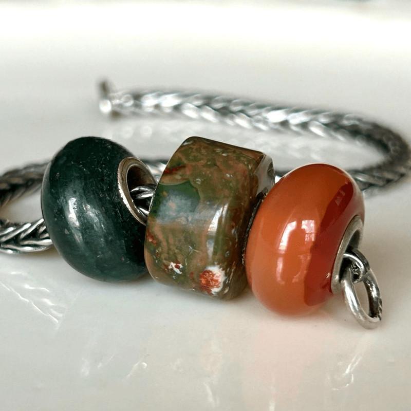 Lot of 3 SzilvaBeads Gemstones Moss Agate, Unakite & Carnelian *Fits Trollbeads gallery