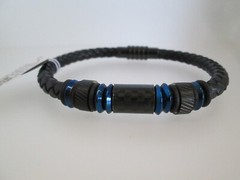 Black Jack Stainless Steel & Leather Bracelet Black & Blue Tone Carbon Fiber New