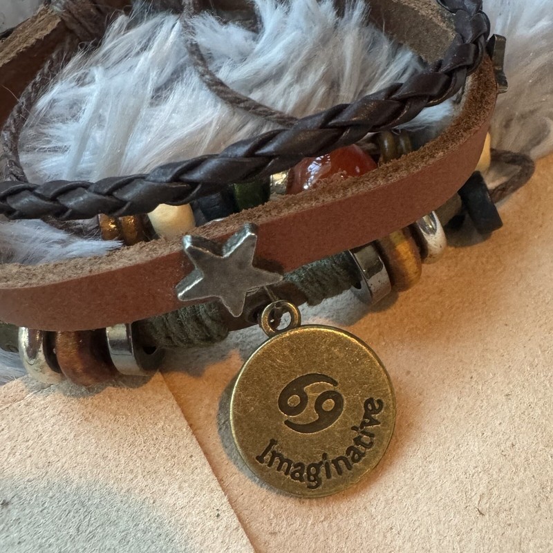 BOHO CANCER Leather 4 Layer Wood Metal Glass bread Bracelet Adjustable Unisex gallery