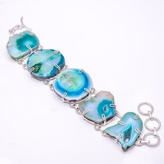 Ocean Blue Agate Drusy -Botswana 925 Sterling Silver Handmade Bracelet 7.99″ B25