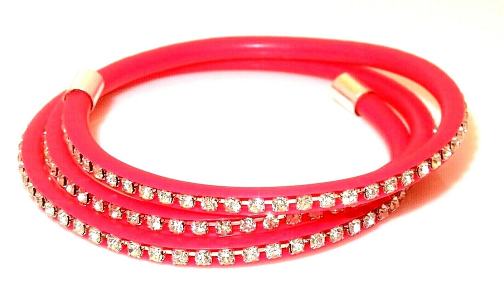 Flexible Hot Pink PVC Continuous Wrap Bracelet w/ Sparkling Crystal Rhinestones