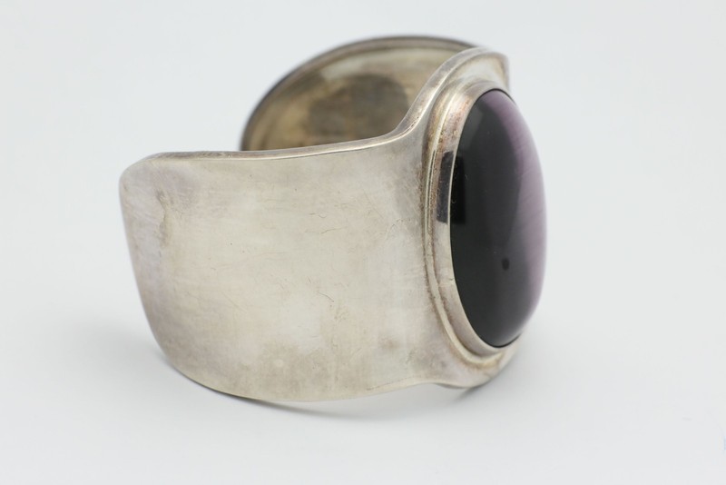 Vintage 1980’s Chunky Mexican 925SS Cuff Bracelet w/ Purple Manmade Stone gallery