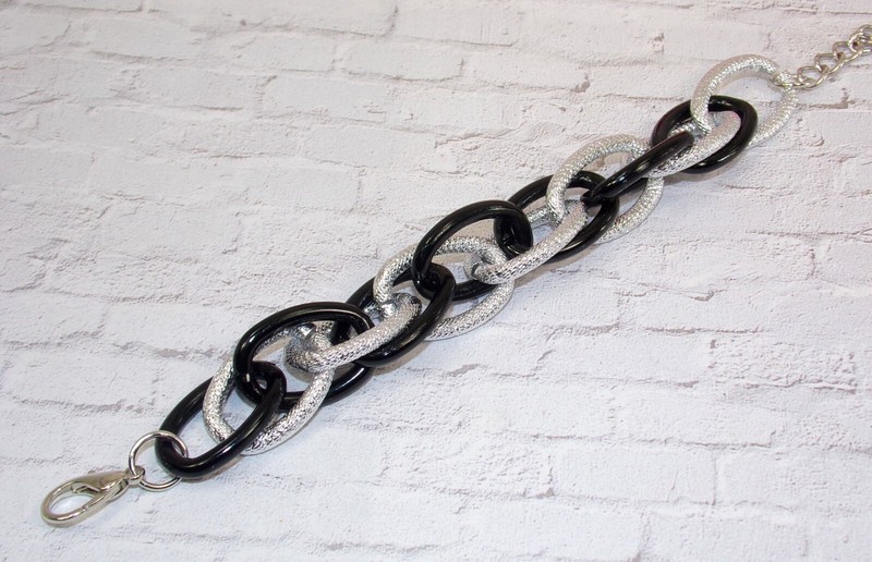 Black and silver link bracelet, textured links, shiny black links, 7 inches New gallery