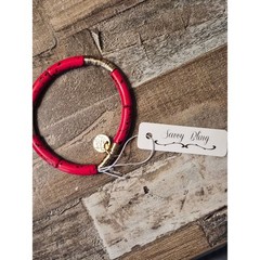 Savvy Bling Red Black Splatter Tube Bead Gold Tone Stretch Bracelet NWT
