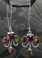 Rainbow Mystic Topaz Silver Dangles Drop French-wire Huggie Earrings 68mm (906H)
