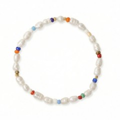 Women’s Rainbow Seed Bead and Cultured Freshwater Pearl Stretch Bracelet 7 Inch