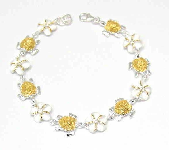 SILVER 925 HAWAIIAN PLUMERIA SEA TURTLE BRACELET 2 TONE gallery