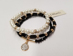Jet Black Faux Crystal & White Glass Pearl Beaded Stretch Bracelets (Set of 3)
