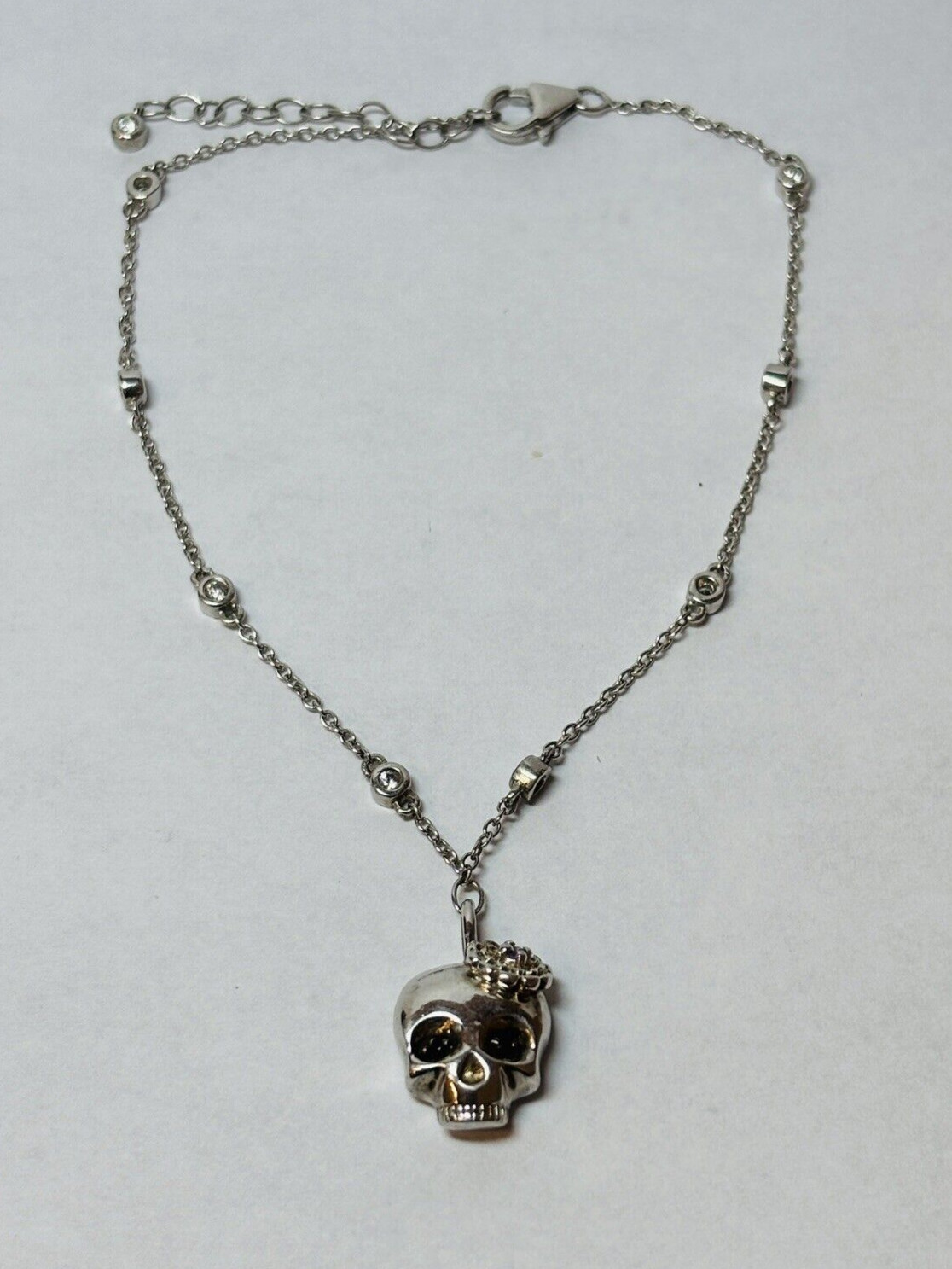 STS Sterling 925 Silver Skull Dangle CZ Station Ankle Bracelet 11 in - .23 gallery