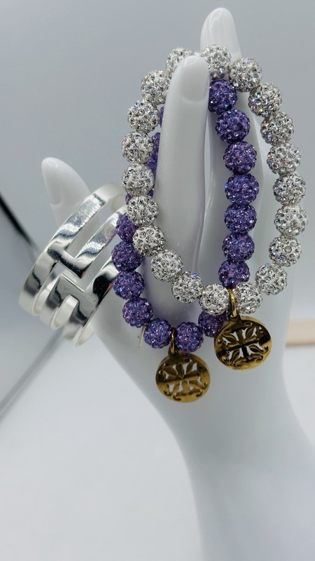 Rustic Cuff “Violet Afterglow” Crystal Pave Ball Bracelet Lavender Glam Stack gallery