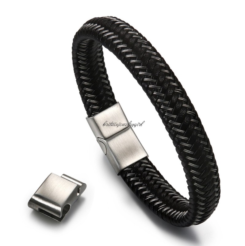 8"-8.5" Black Leather Braided Wrap Bracelet Magnetic-Clasp Men Bangle Adjustable gallery