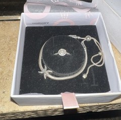 AUTHENTIC Pandora Snake Chain Slider Bracelet Charm & Radiant Elegance Ring 925