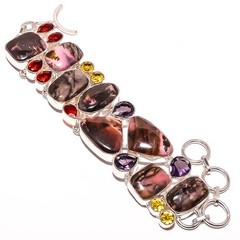 Black Manganese In Rhodonite & Garnet 925 Sterling Silver Bracelet 7-7.99″ B403