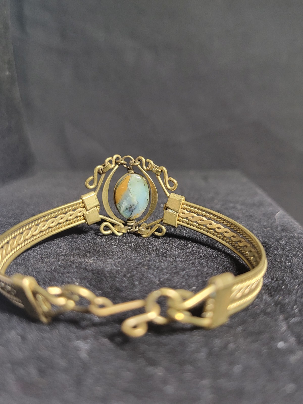 Vintage Brass Filigree Bracelet Oval Agate Jasper Cabochon Stone Multi Strand gallery