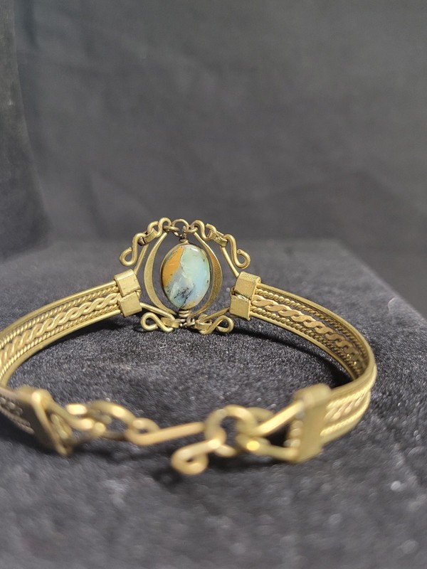 Vintage Brass Filigree Bracelet Oval Agate Jasper Cabochon Stone Multi Strand gallery