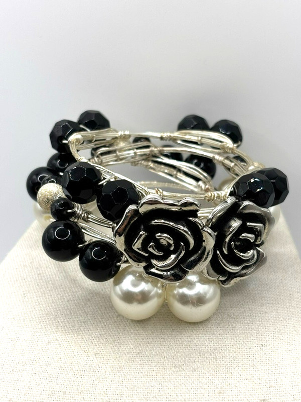 Black Bead Faux Pearl Flower Silver Plated Wire Wrap Bangle Bracelets Set Of 4 gallery