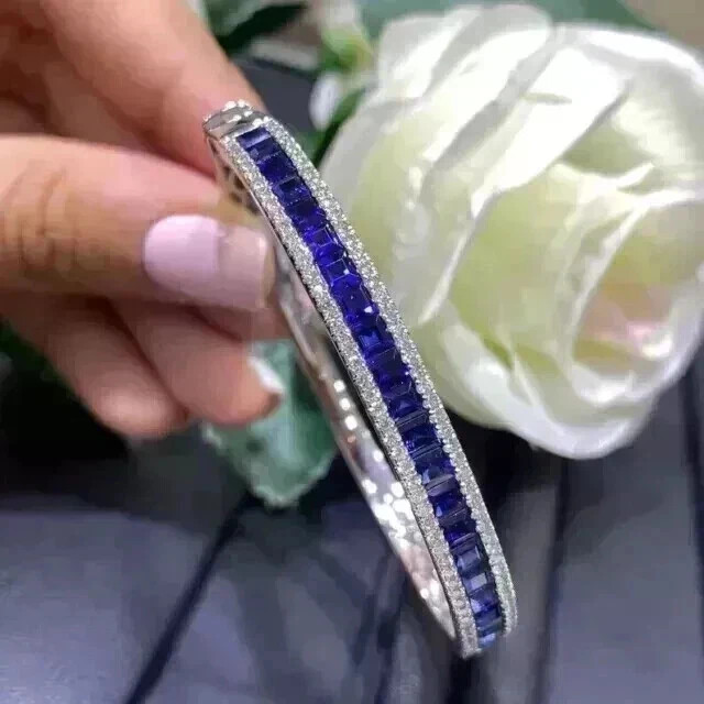 9Ct Princess Cut Simulated Blue Sapphire Bangle Bracelet 14K White Gold Plated