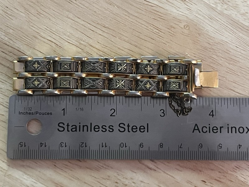 Vintage Double Row Damascene Bracelet – 7” Chunky Gold & Black Inlay gallery