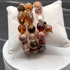 VTG Set of 3 Stretch Bracelets Boho Chunky Acrylic Glass Beads Brown Copper Tone