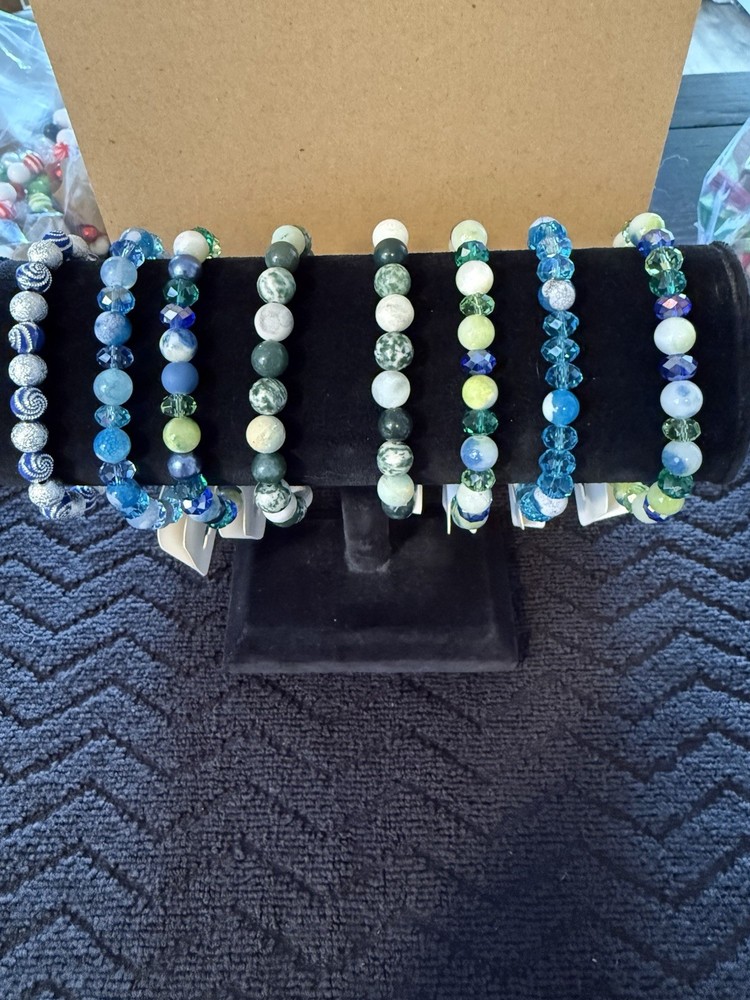 Lot Of 8 - Blues & Greens Beaded Stretch Bracelets 6” To 7.5”