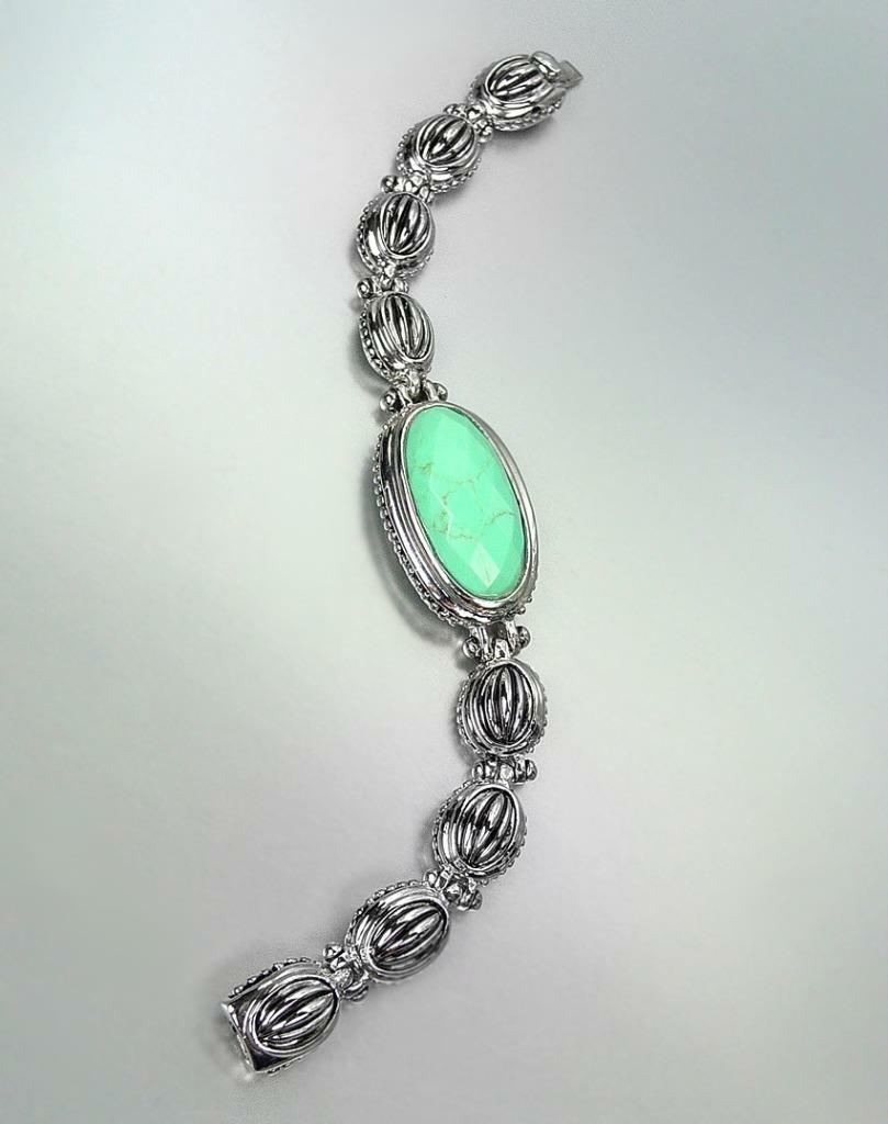 GORGEOUS 18kt White Gold Plated Cable Dots Turquoise Medallion Links Bracelet gallery