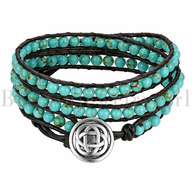 Handmade Celtic Knot Bracelet Leather Picasso Jasper Beaded Adjustable Wrap Cuff gallery