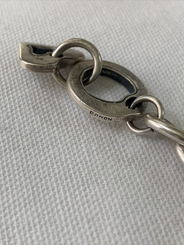 Signed DANON Matte Silver Plated Pewter Heart Flower Charm 8” Toggle Bracelet gallery