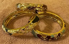 3 Contemporary Colorful Cloisonné Hinge Bangle Bracelets w/Inset Rhinestones