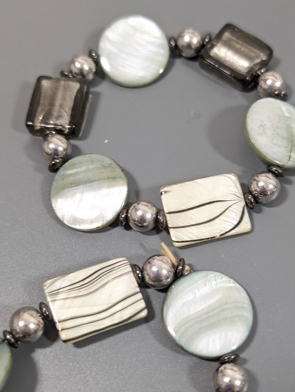 Set of 2 Gray Dichroic Glass Square Round Shell Stretch Bracelets Boho Coastal gallery