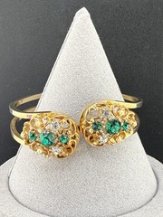 Vintage Rhinestone Bracelet Hinged Gold Tone Clamper Green 6.5”