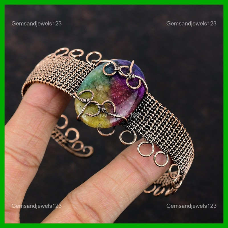 Rainbow Solar Quartz Druzy Gemstone Copper Daughter Wire Wrapped Cuff Jewelry gallery