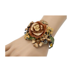 Women Gold Metal Beige Brown Color Rose Flowers Cuff Bracelet Fashion Jewelry