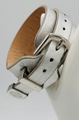 Rustic Cuff Champagne Silver Metallic Leather Double Wrap Buckle Bracelet Logo