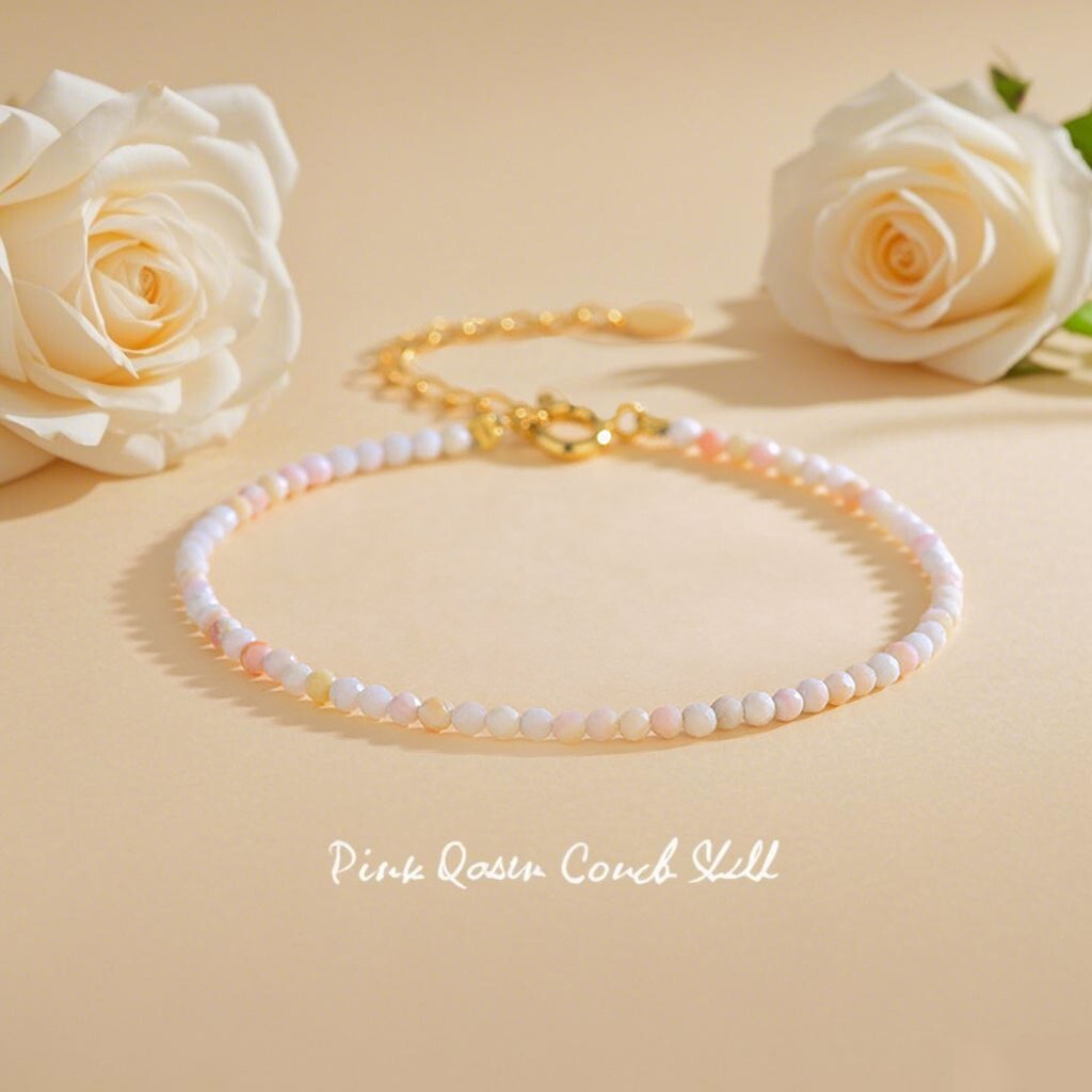 Pink Queen Conch Shell Crystal Gemstone Dainty Bracelet Minimalist 3mm Beads gallery