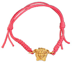 NWT Versace Medusa Head 3D Logo Charm Gold Fuchsia Drawstring Cord Bracelet $495
