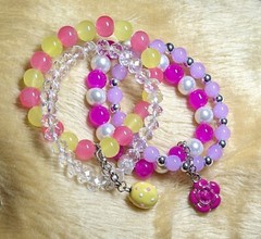 Easter Bracelet egg Spring Flower Yellow Pink Beaded Stretch Bracelet set of 2