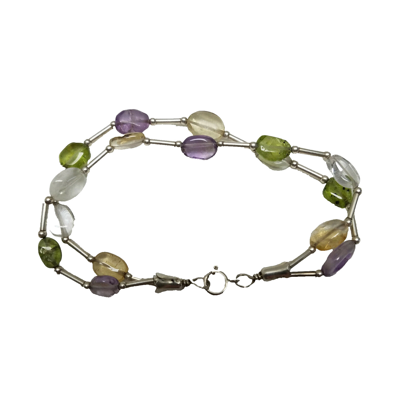 Bracelet Silver Tone Double Strand Clear, Lavender And Green Beads 2 1/2" gallery
