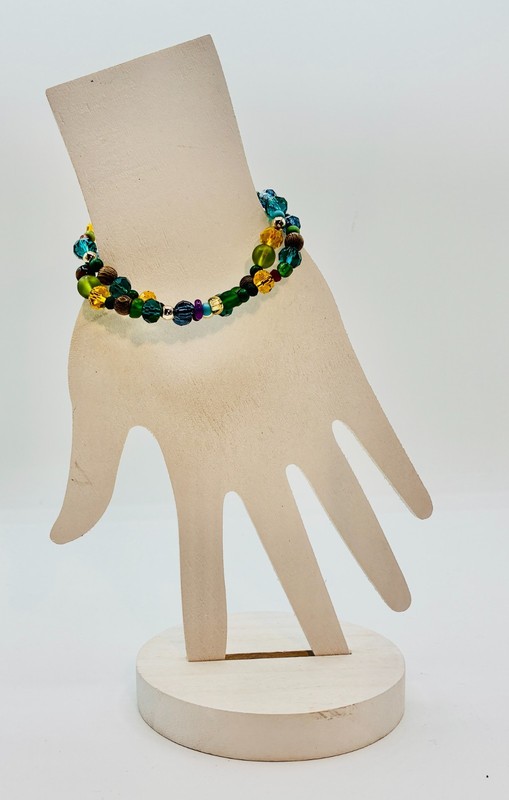 Bracelets Pair Stretch Mixed Malachite Crystal Wood Stone Metal Glass Beads 6.5" gallery