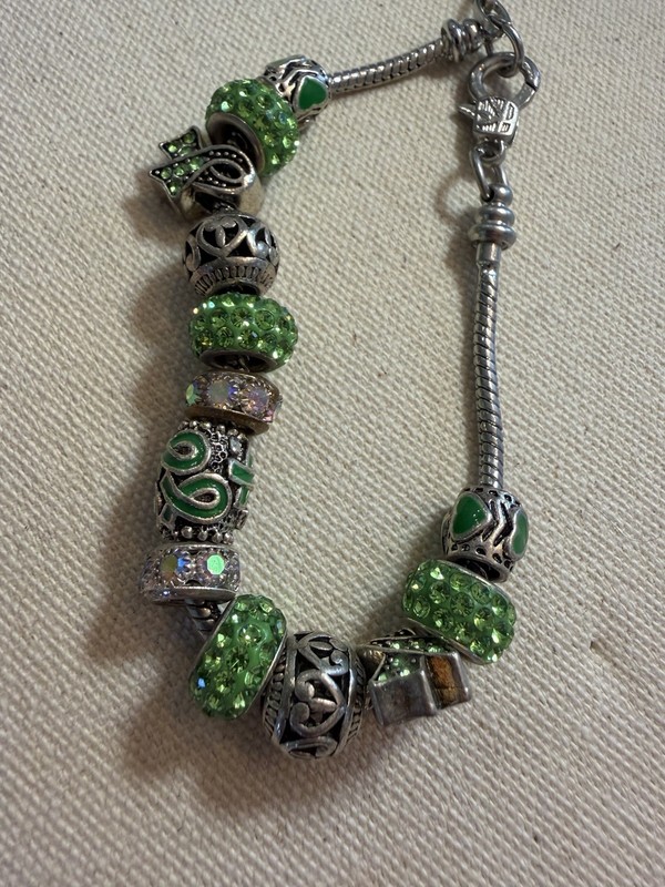 Silver Green Adjustable Beaded Charm Bracelet Snake Chain Metal Glass Round gallery