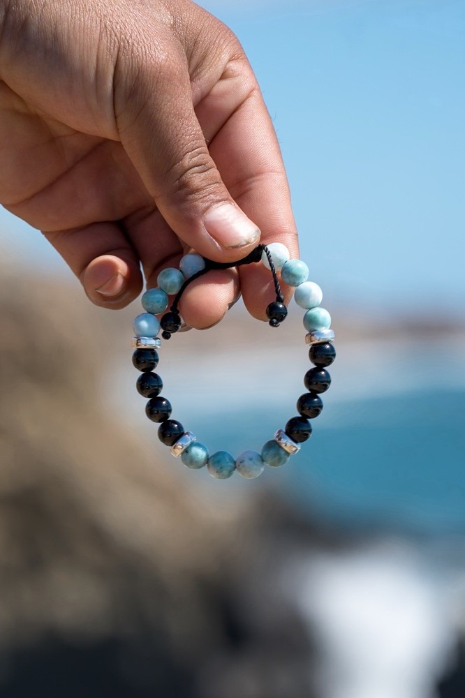 BLUE LARIMAR - BLACK TOURMALINE BRACELET , STERLING SILVER 925